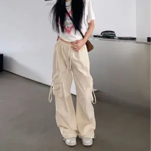 Wenkouban outfit ideas for school Fall street style Retro Straight Wide-Leg Pants Large Pocket Hip Hop Street Casual Pants White