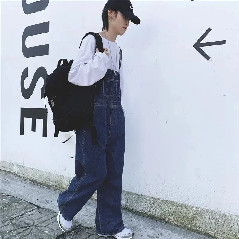 Wiaofellas Mens Jeans Japanese Retro Denim Overalls Men's Korean Version of The Trendy Brand Trend Ins Street Loose Straight Suspenders