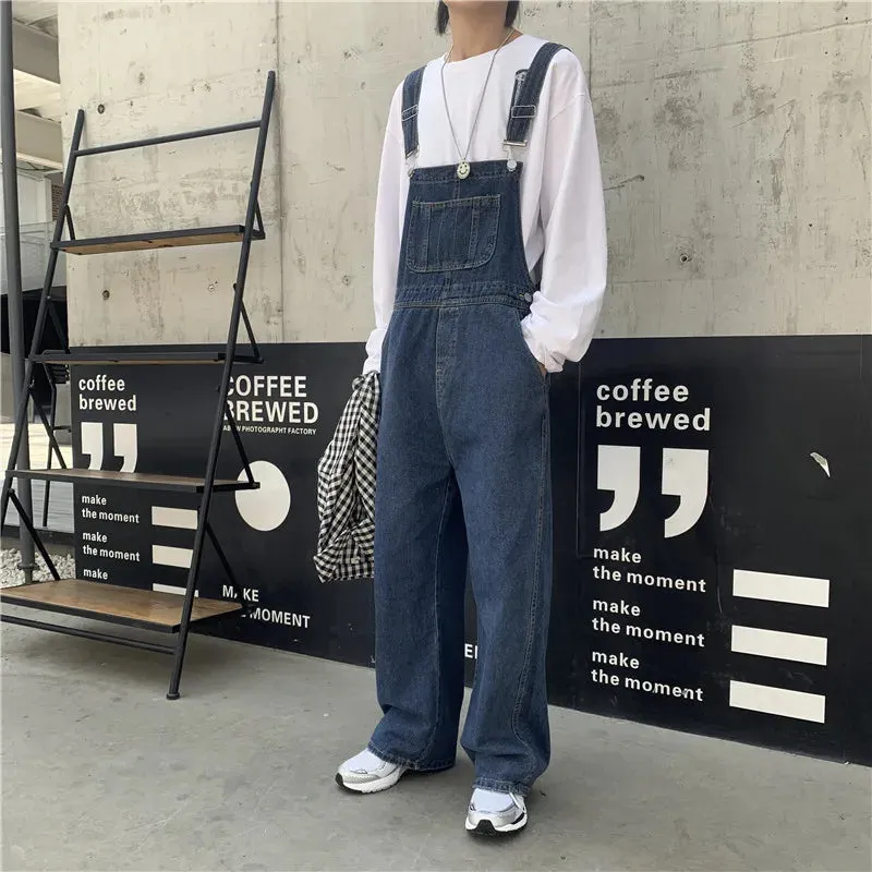 Wiaofellas Mens Jeans Japanese Retro Denim Overalls Men's Korean Version of The Trendy Brand Trend Ins Street Loose Straight Suspenders