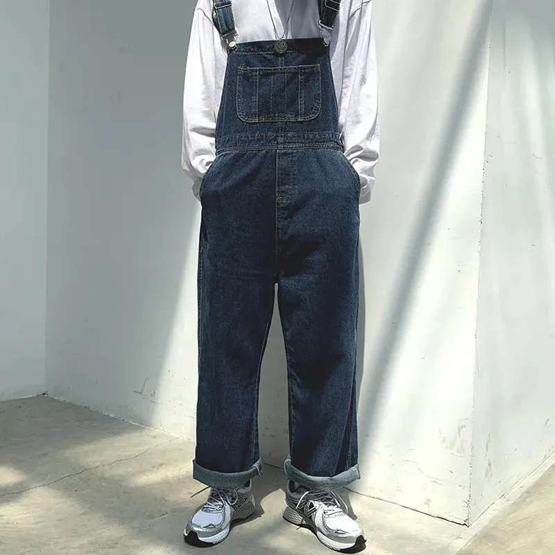 Wiaofellas Mens Jeans Japanese Retro Denim Overalls Men's Korean Version of The Trendy Brand Trend Ins Street Loose Straight Suspenders