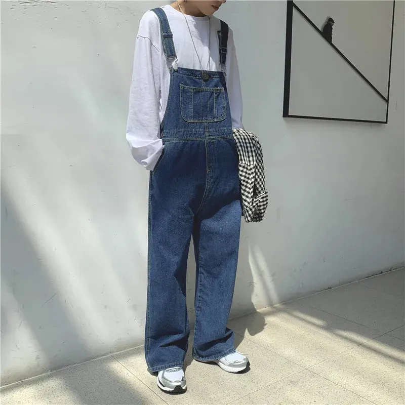 Wiaofellas Mens Jeans Japanese Retro Denim Overalls Men's Korean Version of The Trendy Brand Trend Ins Street Loose Straight Suspenders