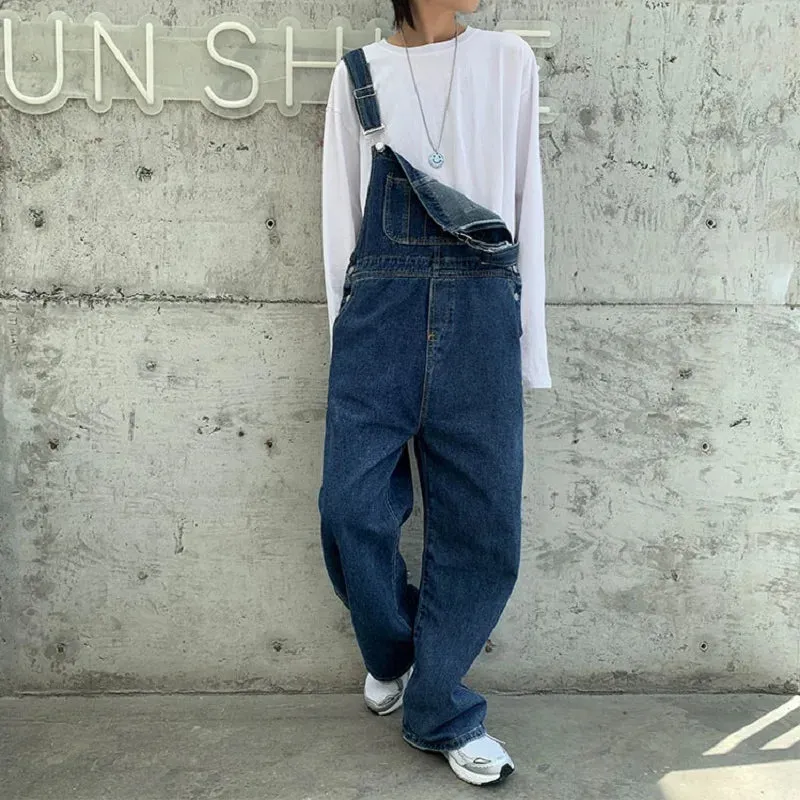 Wiaofellas Mens Jeans Japanese Retro Denim Overalls Men's Korean Version of The Trendy Brand Trend Ins Street Loose Straight Suspenders