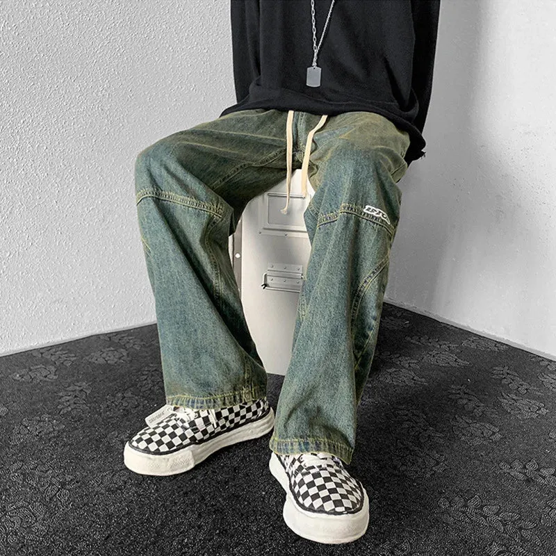 Wiaofellas  -  Washed Jeans Men's Jeans Loose Casual Pants Spring and Autumn Retro Overalls Hip-hop Men's Straight Trousers